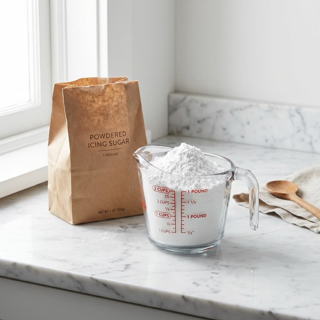 Measuring cup with powdered icing sugar next to one pound bag