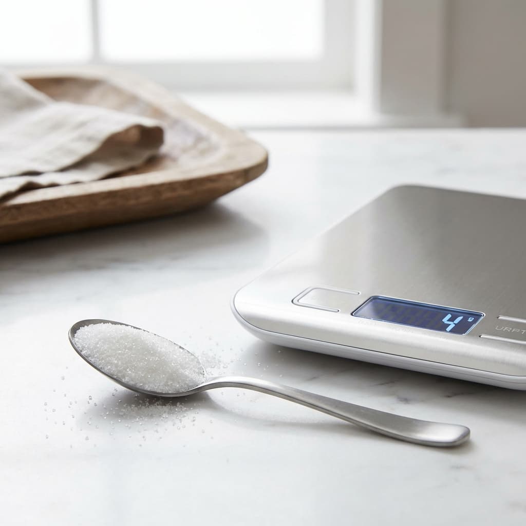 Level teaspoon of white granulated sugar on digital kitchen scale showing 4 grams