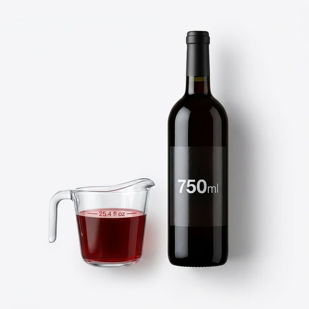 750ml wine bottle next to measuring cup showing 25.4 fluid ounces